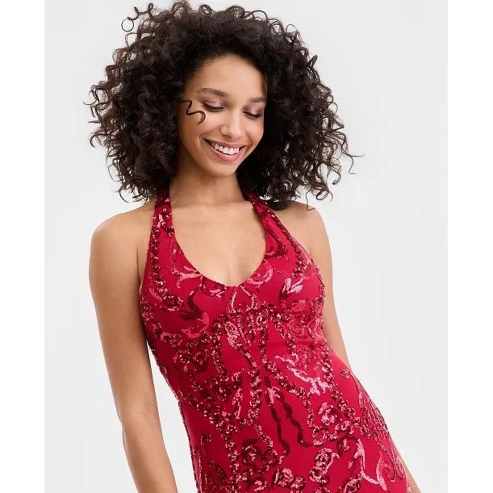 B. Darlin Red Sequin Halter Neck Formal Gown Damask Mermaid Maxi Dress Prom Gala - Picture 4 of 13